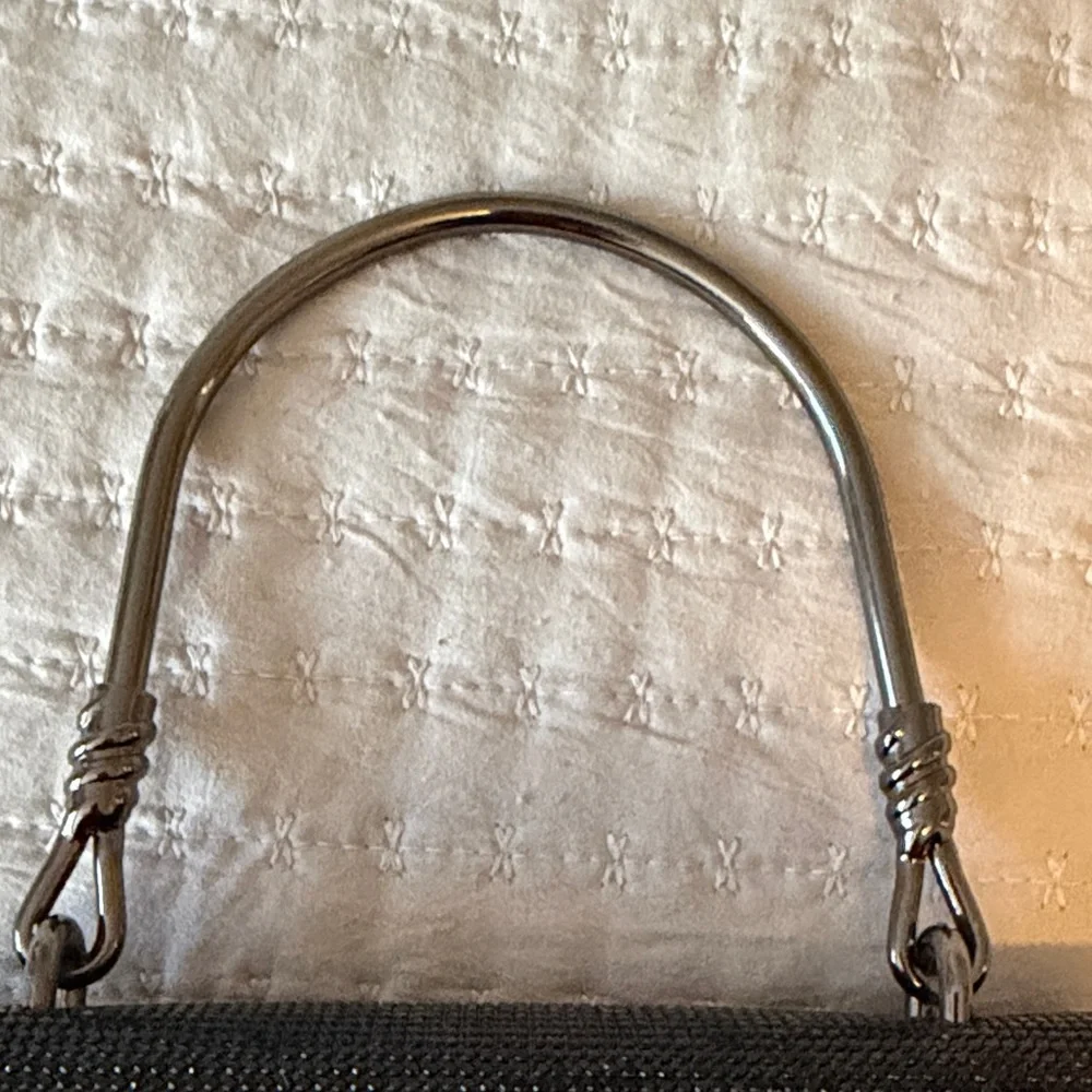 Bebe Black Sparkly Handbag w/ Rhinestone Logo, 5" Metal Handle + Silver Chain - Picture 7 of 10